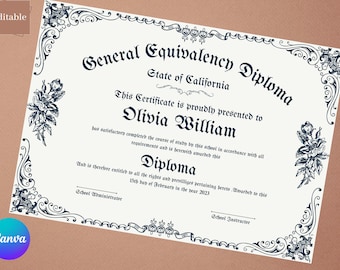 General Equivalency Diploma| Customized GED diploma, Editable Ged Diploma| GED Diploma Template| General Education Diploma| Instant Download
