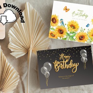 Cartão de aniversário de girassol, cartão de girassol, cartão de aniversário de girassol para impressão, cartão de feliz aniversário, girassóis, aquarela, conjunto de 2 para impressão