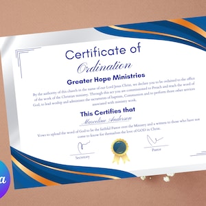 Editable Ordained Minister Certificate Template, Editable Licensed Minister Certificate Template, Printable Certificate of Ordination