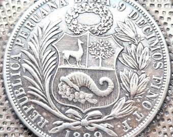 Bol péruvien antique en argent sterling avec pièce de monnaie Peruvana LIMA de 1889 fait main vintage
