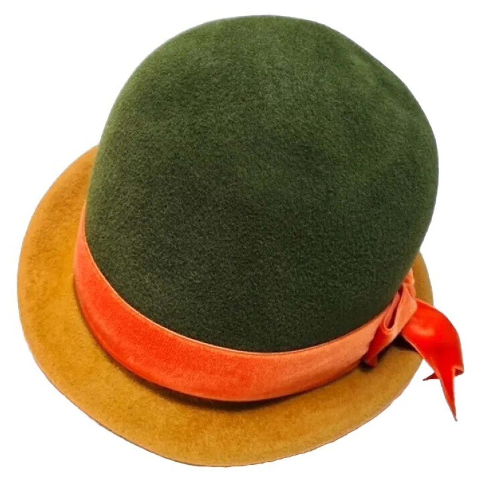 Vtg Frank Olive Green Wool Bowler Hat w/ Leopard Trim & Gold Charm Frank Olive Hat - Etsy main image 2