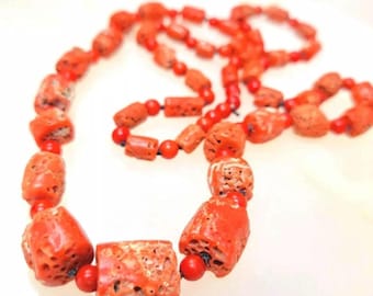 Red Mediterranean Coral Bead Necklace & Graduated Barrel Coral Natural