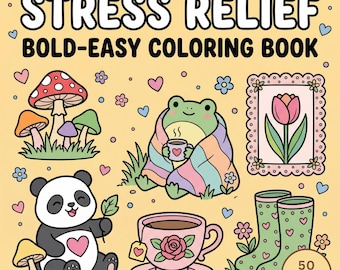 Libro para colorear para aliviar el estrés, 50 páginas con ilustraciones llamativas y sencillas, dibujos de ranas y pandas adorables, actividad relajante y sencilla, imprimible.