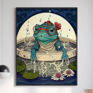 Japanese Digital Art Frog in a tub | Ukiyo-E Style | Wall Bathrom Art Print | Wall Decor | Digital download