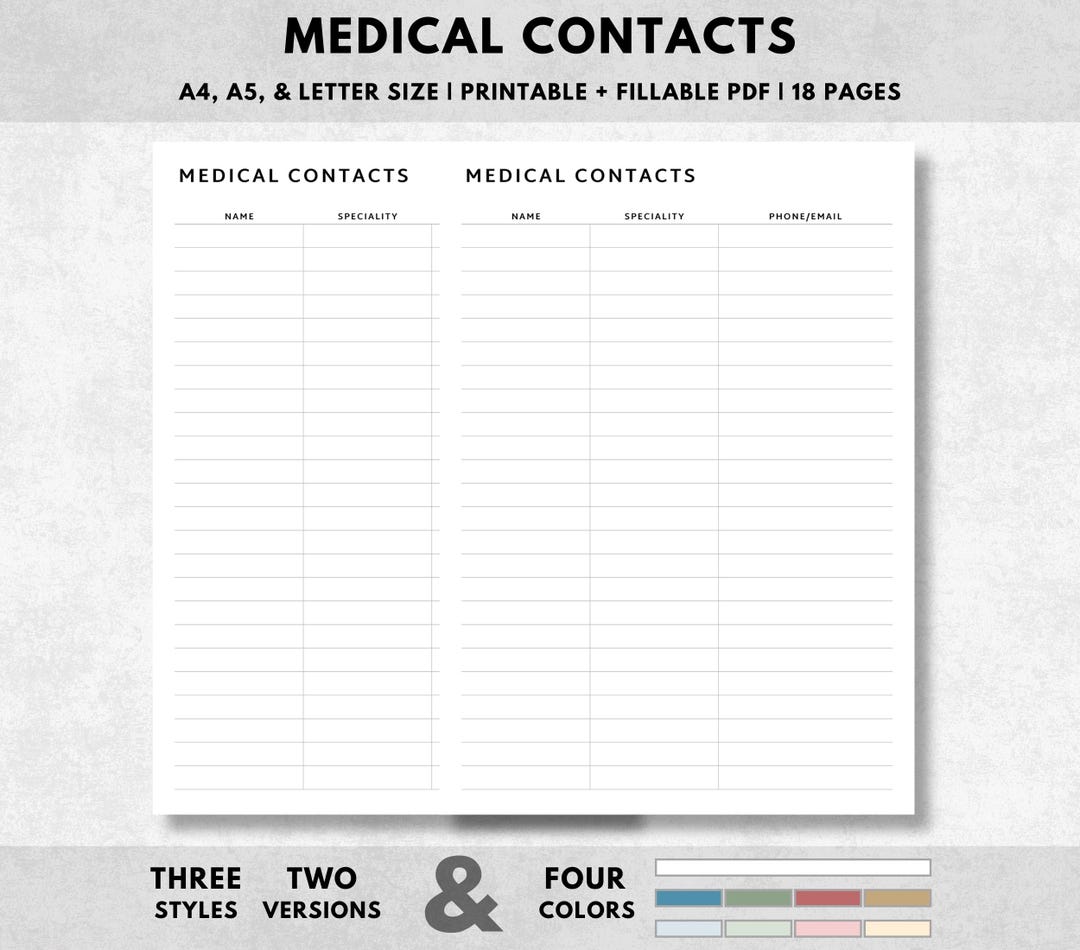 Medical Contacts List Printable: Family Health Planner (a4/a5/letter ...