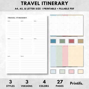 Itinerario de viaje sencillo imprimible, plantilla de planificador de viajes, planificador de vacaciones, calendario de viaje, tamaño A4/A5/carta, descarga instantánea en PDF.