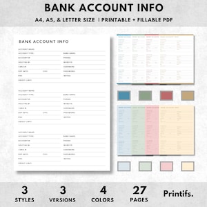 Bank Account Information Tracker Printable, Bank Account Tracker, Bank Account Log, Bankdetails, A4/A5/Letter, Instant Download PDF