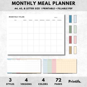 Miesięczny plan posiłków do wydrukowania w poziomie, 30-dniowy planer menu, planer żywności, format A4/A5/Letter, natychmiastowe pobieranie