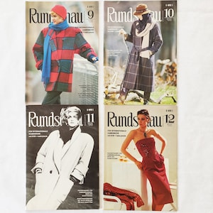 May include: Four magazine covers featuring fashion models wearing different outfits. The magazines are titled "Rundschau" with issue numbers 9, 10, 11, and 12. The magazines are for international fashion.