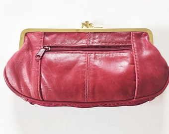 Vintage rode handtas, grote portemonnee clutch avondtasje jaren 70 leer
