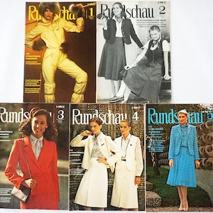 Könnte beinhalten: Fünf Vintage-Magazincover mit dem Titel "Rundschau" in fetten, schwarzen Buchstaben. Jedes Cover zeigt ein anderes Model in einem anderen Outfit. Die Cover sind von 1 bis 5 nummeriert.