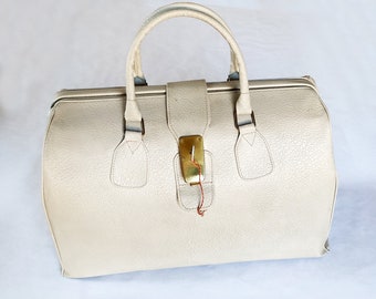 Vintage Reisetasche mit Schlüssel abschließbar 1960er Jahre Leder beige grau
