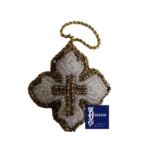Cross Shape Filaxta (Amulet) from Tinos handmade with outer material having seed beads and gold thread cord around the edges