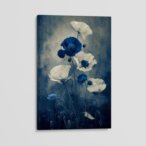 Blue And White Flower Canvas Wall Art, Blue Floral Wall Hangings,  White Flower Canvas Wall Art Print, Blue & Blue Flowers Poster