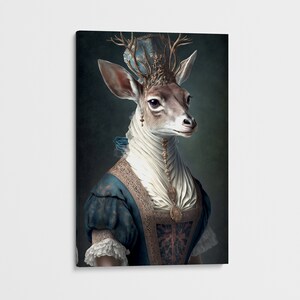 Antique Portrait of a Deer in 18th Century Attire - Unique Wall Art for Rustic Home Decor, Gothic Canvas Wall Art