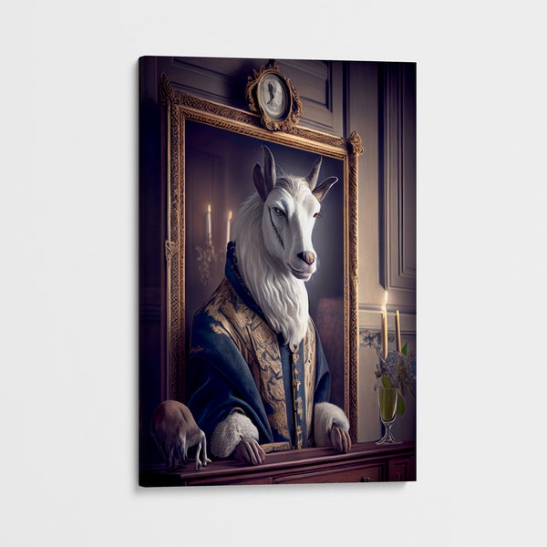 Portrait of a Goat in Antique Style 18th Century Dress in a Gold Framed Mirror, Unique Gothic Wall Art for Rustic Home Decor, Canvas Art