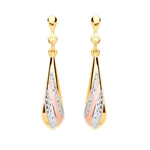 Tri-Colour Gold Dangle Earrings for Women | 9K Yellow, Rose & White Gold Ribbed Drop Earrings – Satin Finish | Gift for Her, Women, Mother