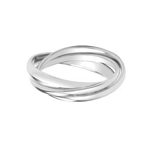 May include: A silver ring with three interlocking bands. The ring is smooth and polished.