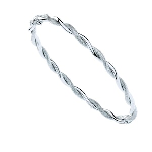 Premium 9K White Gold Ladies Bangle, Plain & Diamond Cut Twist Design. Stylish White Gold Solid Stack Bracelet. Gift for Women, Mum And Her