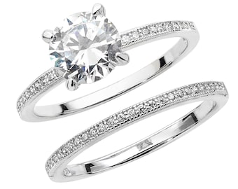 Silver Bridal Ring Set Silver, CZ Wedding Band & Engagement Ring, Gift for Bride, Women's Proposal Ring, Stacking Ring Set, Promise Ring Set