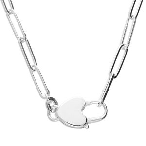 Silver Heart Padlock Pendant Necklace. Padlock Clasp- Paper Clip Chain Necklace. Choker Heart Pendant. Silver Link Chain Necklace & Bracelet