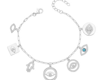 925 Silver Evil Eye Charms Bracelet | CZ Hamsa Hand Charms Paperclip Chain Bracelet | Dainty Everyday Protection Jewellery | Gift for Her