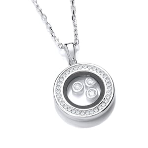 Silver Circle of Life Pendant Necklace | Floating Dancing Diamond Round Locket Necklace | Dainty Layering Jewellery Gift for Women, Her