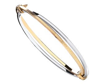May include: A tri-color bangle bracelet with gold, silver, and gold-tone accents. The gold band features a Greek key pattern. The bracelet is a hinged design, with a clasp closure. The jewelry is set against a white background.