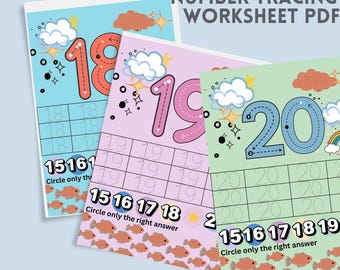 Könnte beinhalten: Drei farbenfrohe Zahlen-Tracing-Arbeitsblätter für Kinder im Alter von 3-6 Jahren. Jedes Arbeitsblatt enthält eine große Zahl, Nachzeichnungszeilen und einen Abschnitt "Kreisen Sie nur die richtige Antwort ein". Die Zahlen sind 18, 19 und 20, mit dekorativen Wolken und Fischen.