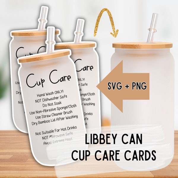 Cartes d’entretien des tasses en verre, instructions d’entretien des canettes Libbey, impression et découpe PNG, fichier coupé SVG, carte d’entretien des gobelets Libbey numérique pour insertion de canettes en verre