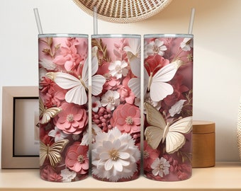 3D PINK BUTTERFLIES 20 Oz Tumbler Wrap, 3D Sublimation Design, 3D Butterfly Tumbler PNG, Digital Download, Pink Butterfly Design Skinny png