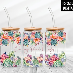 SUCCULENT 16 Oz Glass Can Wrap Libbey Can Design Sublimation Design Digital Download Succulent PNG Plant Lady Can Wrap