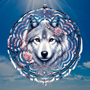 Wolf PNG for Wind Spinner Sublimation Design Boho Style Wolf with Dreamcatcher and Floral Background Garden Spinner File Wolf Lover Gift