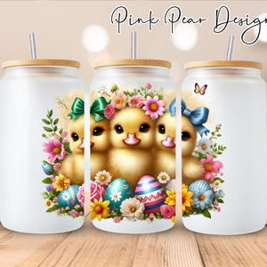 Cute Baby Ducks Glass Cup Design Easter PNG for 16 Oz Libby Can Floral Sublimation Transfer Easter Eggs and Spring Flowers Coffee Cup PNG