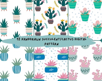 Hand Drawn Cactus Succulent Seamless Pattern, Cactus Digital Paper (Commercial Use),Desert Cacti plants ,Floral botanical repeating file