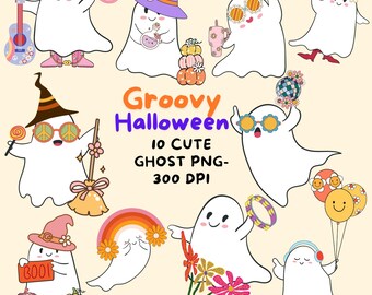 Groovy Halloween Clipart, Girly Preppy Halloween Spöke, Retro Halloween Spöke Clipart, Spooky Season Halloween Gåva Söt Halloween Clipart