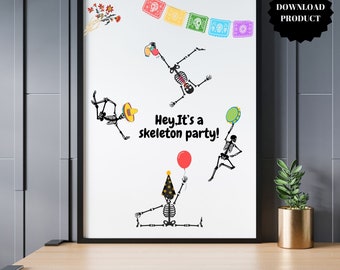 skeleton wall art,skeleton party poster,humorous wallart ,skeleton illustration,colorful skeleton artwork,whimsical wallart,spookypartydecor