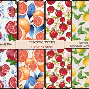 Papel digital de frutas aquarela, arte de parede de cozinha, padrão sem emendas de frutas de inverno, romã, laranja, limão, padrão de tecido de maçã, álbum de recortes de frutas