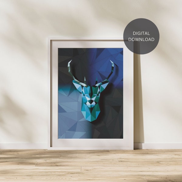 polygonal blue deer print,lowpoly aesthetics,deer head wallart,minimalist deerart,animal walldecor,deer portrait,geometric animalprint,cerf