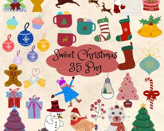 Christmas Clipart Bundle, Doodle Winter Holiday PNG (35 Files),new year illustrations,Whimsical party elements,Handdrawn xmas party