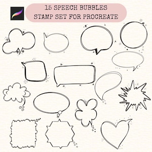 May include: A collection of 15 black speech bubble stamps for Procreate, in various shapes and sizes, including cloud, oval, square, and heart designs. The text "15 SPEECH BUBBLES STAMP SET FOR PROCREATE" is displayed at the top.