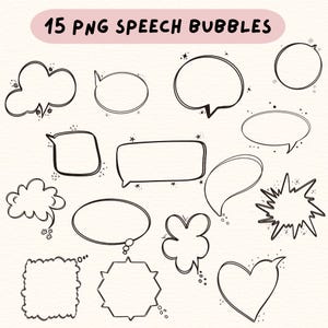 Clipart di fumetti, 15 immagini digitali disegnate a mano, png, fumetti, scarabocchi, disegni al tratto, fumetti di testo di conversazione, clipart di fumetti di chat