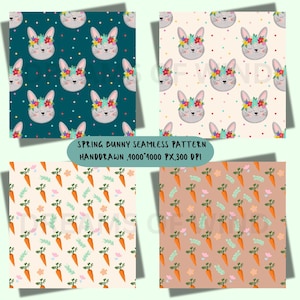 Könnte beinhalten: Vier nahtlose Muster mit einem Hasen mit einer Blumenkrone, Karotten und bunten Punkten. Die Muster sind auf einem blaugrünen, cremefarbenen, weißen und braunen Hintergrund.  SPRING BUNNY SEAMLESS PATTERN HANDDRAWN 4000*4000 PX,300 DPI