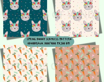 Hand-Drawn Easter Bunny & Carrot Seamless Pattern (Digital Paper),Spring repeating,cottagecore rabbit backgorund file,farm sublimation