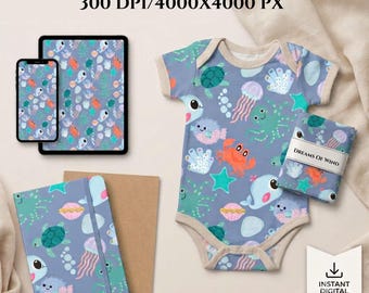 Sea Animals Seamless Pattern for Sublimation, Cute Marine Life Digital Paper,  Ocean Seamless File for Fabric Printing, Kids Pattern