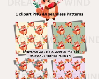 Handdrawn Otter Fox Clipart And Seamless Pastel Patterns (Digital),Animal  repeating,love elements,fabric sublimation,Baby shower nursery