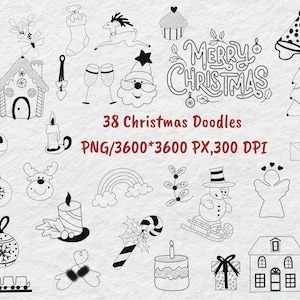38 Christmas Doodles Clipart png- elementos de inverno PNG transparentes, feliz natal lineart, contornos pretos e brancos rabiscos desenhados à mão