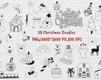 38 Disegni natalizi, clipart in stile line art (download digitale), illustrazioni di elementi invernali, tatuaggi natalizi, design per sublimazione a tema festivo