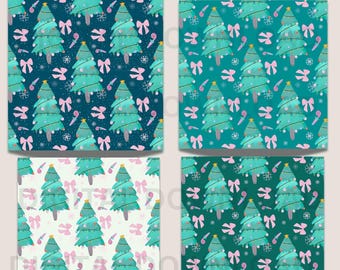 Naadloze kerstboompatroon, coquette roze strikken (digitaal papier), botanische bloemen herhalend bestand, winterachtergrond, kinderkledingontwerp
