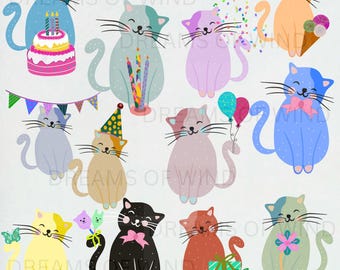 Hand Drawn Birthday Cat Clipart Set (Digital Download),party animal ,commercial use,party hat cake balloons,kids celebration